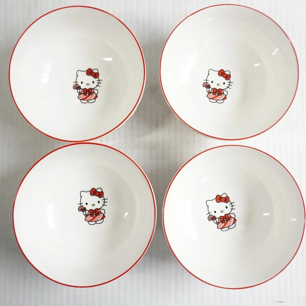 Hello Kitty Christmas Ceramic Bowl Set 4pc 27oz Peppermint Candy Cane Red White‎